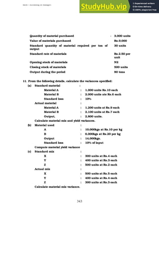 BBM – Accounting for Managers
343
Quantity of material purchased - 3,000 units
Value of materials purchased Rs.9,000
Standard quantity of material required per ton of
output
30 units
Standard rate of materials Rs.2.50 per
unit
Opening stock of materials Nil
Closing stock of materials 500 units
Output during the period 80 tons
11. From the following details, calculate the variances specified:
(a) Standard material :
Material A : 1,000 units Rs.10 each
Material B : 2,000 units ate Rs.6 each
Standard loss : 10%
Actual material :
Material A : 1,200 units at Rs.9 each
Material B : 2,100 units at Rs.7 each
Output, : 2,800 units.
Calculate material mix and yield variances.
(b) Material used :
A : 10,000kgs at Rs.10 per kg
B : 6,000kgs at Rs.20 per kg
Output : 14,000kgs.
Standard loss : 10% of input
Compute material yield variance
(c) Standard mix :
X : 300 units at Rs.4 each
Y : 400 units at Rs.3 each
Z : 500 units at Rs.2 each
Actual mix :
X : 500 units at Rs.5 each
Y : 400 units at Rs.4 each
Z : 300 units at Rs.3 each
Calculate material mix variance.
 