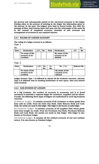 BBM – Accounting for Managers
36
the journal and subsequently posted to the concerned accounts in the ledger.
Posting refers to the process of entering in the ledger the information given in
the journal. In the past, the ledgers were kept in bound books. But with the
passage of time, they became loose-leaf ones and the advantages of the same lie
in the removal of completed accounts, insertion of new accounts and
arrangement of accounts in any required manner.
3.4.1 RULING OF LEDGER ACCOUNT
The ruling of a ledger account is as follows:
Type- 1
Dr. Cr.
Date Particulars J.F. Rs. Date Particulars J.F. Rs.
To name of the
account to be
credited
By name of the
account to be
debited
Type- 2
Date Particulars J.F. Dr.
Rs.
Cr.
Rs.
Dr. / Cr. Balance Rs.
To name of the
account to be
credited
By name of the
account to be
debited
Ledger Account Type 1 is followed in almost all the business concerns, whereas
Type 2 is followed only in banking institutions to save space, time and clerical
work involved.
3.4.2 SUB-DIVISION OF LEDGER
In a big business, the number of accounts is numerous and it is found
necessary to maintain a separate ledger for customers, suppliers and for others.
Usually, the following three types of ledgers are maintained in such big business
concerns.
(i) Debtors’ Ledger: It contains accounts of all customers to whom goods have
been sold on credit. From the Sales Day Book, Sales Returns Book and Cash
Book, the entries are made in this ledger. This ledger is also known as sales ledger.
(ii) Creditors’ Ledger: It contains accounts of all suppliers from whom goods
have been bought on credit. From the Purchases Day Book, Purchases Returns
Book and Cash Book, the entries are made in this ledger. This ledger is also
known as Purchase Ledger.
(iii) General Ledger: It contains all the residual accounts of real and nominal
nature. It is also known as Nominal Ledger.
 
