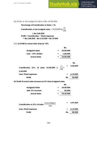 BBM – Accounting for Managers
360
(ii) Profit at the budgeted sales of Rs.18,50,000:
Percentage of Contribution to Sales = 21
Contribution at the budgetd sales
100
21
000
50
18 x
,
,
=
= Rs.3,88,500
Profit = Contribution – Fixed expenses
= Rs.3,88,500 - Rs.3,15,000 = Rs.73,500
(iii) (a) Profit is actual sales drop by 10%
Rs.
Budgeted Sales = 18,50,000
Less : 10% decline = 1,85,000
Actual Sales = 16,65,000
Rs.
Contribution 21% of sales 16,65,000 x
100
21
=
3,49,650
= 3,49,650
Less: Fixed expenses = 3,15,000
Profit Rs. 34,650
(b) Profit if actual sales increase by 5% from budgeted sales
Rs.
Budgeted Sales = 18,50,000
Add: 5% increase = 92,500
Actual Sales = 19,42,500
Contribution at 21% of sales
100
21
500
42
19 x
,
, = 4,07,925
Less: Fixed expenses = 3,15,000
Profit Rs. 92,925
 