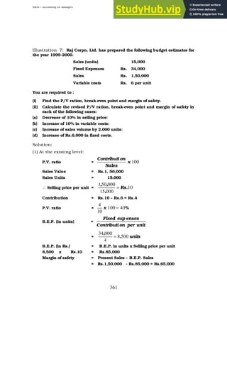 BBM – Accounting for Managers
361
Illustration 7: Raj Corpn. Ltd. has prepared the following budget estimates for
the year 1999-2000.
Sales (units) 15,000
Fixed Expenses Rs. 34,000
Sales Rs. 1,50,000
Variable costs Rs. 6 per unit
You are required to :
(i) Find the P/V ration, break-even point and margin of safety.
(ii) Calculate the revised P/V ration, break-even point and margin of safety in
each of the following cases:
(a) Decrease of 10% in selling price:
(b) Increase of 10% in variable costs:
(c) Increase of sales volume by 2,000 units:
(d) Increase of Rs.6,000 in fixed costs.
Solution:
(1) At the existing level:
P.V. ratio = 100
x
Sales
on
Contributi
Sales Value = Rs.1, 50,000
Sales Units = 15,000
∴ Selling price per unit = 10
000
15
000
50
1
.
Rs
,
,
,
=
Contribution = Rs.10 – Rs.6 = Rs.4
P.V. ratio = %
x 40
100
10
4
=
B.E.P. (in units) =
unit
per
on
Contributi
enses
exp
Fixed
= units
,
,
500
8
4
000
34
=
B.E.P. (in Rs.) = B.E.P. in units x Selling price per unit
8,500 x Rs.10 = Rs.85,000
Margin of safety = Present Sales – B.E.P. Sales
= Rs.1,50,000 - Rs.85,000 = Rs.65,000
 