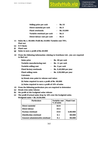 BBM – Accounting for Managers
365
Selling price per unit - Rs.10
Direct material per unit - Rs.3
Fixed overheads - Rs.10,000
Variable overhead per unit - Rs.2
Direct labour cost per unit - Rs.2
11 Sales Rs.1, 00,000; Profit Rs.10,000; Variable cost 70%.
Find out
(e) P/V Ratio
(f) Fixed cost
(g) Sales to earn a profit of Rs.40,000
12 From the following information relating to Gowtham Ltd., you are required
to find out
Sales price - Rs. 20 per unit
Variable manufacturing cost - Rs. 11 per unit
Variable selling cost - Rs. 3 per unit
Fixed factory overheads - Rs. 5,40,000 per year
Fixed selling costs - Rs. 2,52,000 per year
Calculate:
(a) Break even point in volume and value;
(b) Sales required to earn a profit of Rs. 60,000
(c) Sales required to earn a profit of 10% of sales
13 From the following particulars you are required to determine:
(a) Break even sales volume
(b) the profit at the budgeted sales volume
(c) The profit if actual sales drop by 10% over the budgeted sales.
Budgeted sales = Rs.18,50,000.
Particulars Variable cost
% of sales
Fixed Cost
Direct material 42.8
Direct labour 18.4
Factory overhead 10.6 2,89,900
Distribution overhead 6.1 68,000
General administrative overhead 5.1 56,000
 