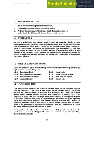 BBM – Accounting for Managers
52
4.0 AIMS AND OBJECTIVES
i. To know the Meaning of subsidiary books,
ii. To understand the kinds of subsidiary books
iii. To know the meaning of Trade and Cash discount and also to
understand the difference between these two discounts.
4.1 INTRODUCTION
Journal is subdivided into various parts known as subsidiary books or sub-
divisions of journal. Each one of the subsidiary books is a special journal and a
book of original or prime entry. There are no journal entries when records are
made in these books. Recording the transactions in a special journal and then
in the ledger accounts is the practical system of accounting which is also
referred to as English System. Though the usual type of journal entries are not
passed in these sub-divided journals, the double entry principles of accounting
are strictly followed.
4.2 KINDS OF SUBSIDIARY BOOKS
There are different types of subsidiary books which are commonly used in any
big business concern. They are:
4.2.1 Purchases Book 4.2.2 Sales Book
4.2.3 Purchases Returns Books 4.2.4 Sales Returns Books
4.2.5 Bills Receivable Books 4.2.6 Bills Payable Books
4.2.7 Journal Proper 4.2.8 Cash Book
4.2.1 PURCHASES BOOK
This book is used to record all credit purchases made by the business concern
from its suppliers. This book is also known as ‘Purchases Books’, ‘Purchases
Journal’ or ‘Invoice Book’. It contains five columns, viz., Date, Particulars,
Ledger Folio, Inward Invoice Number and Amount. Whenever any credit
purchase is made, the date on which the transaction has taken place is entered
in the ‘Date Column’, the name of the party from whom the purchase has been
made the particulars column, the inward invoice number with which the
purchase has been made in the ‘inward Invoice Number Column’ and the money
value of the purchase in the ‘Amount Column’. The ‘L.F. Column’ is to record
the ledger folio number while posting is made.
Posting: The total of purchases book for a specified period is debited to the
purchases account in the Ledger. The personal accounts are posted by crediting
the individual accounts.
 