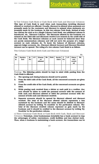 BBM – Accounting for Managers
57
b) Tow Column Cash Book or Cash Book with Cash and Discount Columns:
This type of Cash Book is used when cash transactions involving discount
allowed or received are effected. Usually, discount is allowed when payments are
promptly made by the customers and discount is enjoyed when payments are
promptly made by the business. In this two column Cash Book, instead of only
one column for cash as in a Single Column Cash Book, one additional column is
introduced, viz., ‘Discount Column’. The discounts allowed by the business are
entered on the debit side and discounts receive d are entered on the credit side of
the Cash Book. The discount columns as such cannot be balanced since they
are purely memorandum columns and will not serve the purpose of a ledger
account as cash columns do. To know the balance of discount columns,
separate ledger accounts, viz., Discount Allowed Account and Discount Received
Account can be opened. The ruling of a two column Cash Book is as follows.
Two Column Cash Book (with Cash and Discount Columns)
Dr. Cr.
Da
te
Particu
lars
R.
No
.
L.F. Discou
nt
allowed
Rs. Date Partic
ulars
V.
No
.
L.F. Disco
unt
receiv
ed
Rs.
Posting: The following points should be kept in mind while posting from the
Cash Book is effected.
1. The opening and closing balances should not be posted.
2. From the debit side of the Cash Book, all the concerned accounts are given
credit.
3. From the credit side of the Cash Book, all the concerned accounts are given
debit.
4. While posting cash received from a debtor or cash paid to a creditor, due
care should be taken to credit the personal account with the amount of
both cash and discount allowed or debit the personal account with the
amount of both cash and discount received.
5. Separate accounts should be opened for discount allowed and discount
received. The total of the discount allowed column represents a loss
sustained by the business and the same should be debited to discount
allowed account by writing ‘To sundries’ in the particulars column. The
total of the discount received column represent as gain made by the
business and it should be credited to the discount account by writing ‘By
Sundries’ in the particulars column.
c) Three Columnar Cash Book or Cash Book with Cash, Bank and Discount
Columns: Nowadays, every businessman invariably has a bank account to reap
the advantages of safety, convenience, credit facilities and less clerical work.
Thus, when a business is maintaining a bank account, the transactions can be
 