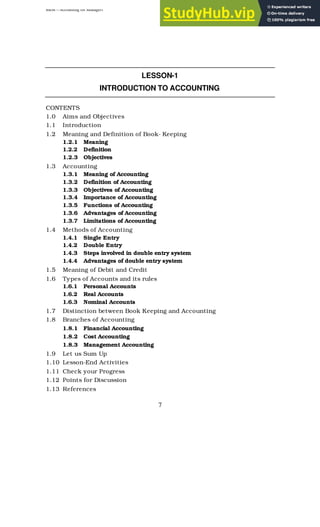 BBM – Accounting for Managers
7
LESSON-1
INTRODUCTION TO ACCOUNTING
CONTENTS
1.0 Aims and Objectives
1.1 Introduction
1.2 Meaning and Definition of Book- Keeping
1.2.1 Meaning
1.2.2 Definition
1.2.3 Objectives
1.3 Accounting
1.3.1 Meaning of Accounting
1.3.2 Definition of Accounting
1.3.3 Objectives of Accounting
1.3.4 Importance of Accounting
1.3.5 Functions of Accounting
1.3.6 Advantages of Accounting
1.3.7 Limitations of Accounting
1.4 Methods of Accounting
1.4.1 Single Entry
1.4.2 Double Entry
1.4.3 Steps involved in double entry system
1.4.4 Advantages of double entry system
1.5 Meaning of Debit and Credit
1.6 Types of Accounts and its rules
1.6.1 Personal Accounts
1.6.2 Real Accounts
1.6.3 Nominal Accounts
1.7 Distinction between Book Keeping and Accounting
1.8 Branches of Accounting
1.8.1 Financial Accounting
1.8.2 Cost Accounting
1.8.3 Management Accounting
1.9 Let us Sum Up
1.10 Lesson-End Activities
1.11 Check your Progress
1.12 Points for Discussion
1.13 References
 