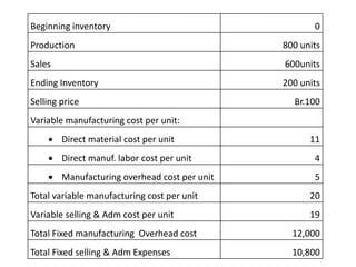 Beginning inventory 0
Production 800 units
Sales 600units
Ending Inventory 200 units
Selling price Br.100
Variable manufacturing cost per unit:
 Direct material cost per unit 11
 Direct manuf. labor cost per unit 4
 Manufacturing overhead cost per unit 5
Total variable manufacturing cost per unit 20
Variable selling & Adm cost per unit 19
Total Fixed manufacturing Overhead cost 12,000
Total Fixed selling & Adm Expenses 10,800
 
