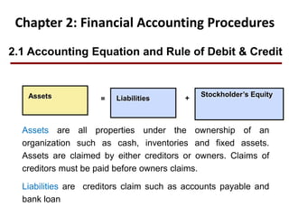 Assets Liabilities
Stockholder’s Equity
= +
Chapter 2: Financial Accounting Procedures
2.1 Accounting Equation and Rule of Debit & Credit
Assets are all properties under the ownership of an
organization such as cash, inventories and fixed assets.
Assets are claimed by either creditors or owners. Claims of
creditors must be paid before owners claims.
Liabilities are creditors claim such as accounts payable and
bank loan
 