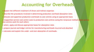 Accounting for Overheads
• explain the different treatment of direct and indirect expenses
• describe the procedures involved in determining production overhead absorption rates
• allocate and apportion production overheads to cost centres using an appropriate basis
• reapportion service cost centre costs to production cost centres (using the reciprocal method where service
cost centres work for each other)
• select, apply and discuss appropriate bases for absorption rates
• prepare journal and ledger entries for manufacturing overheads incurred and absorbed
• calculate and explain the under- and over-absorption of overheads.
 