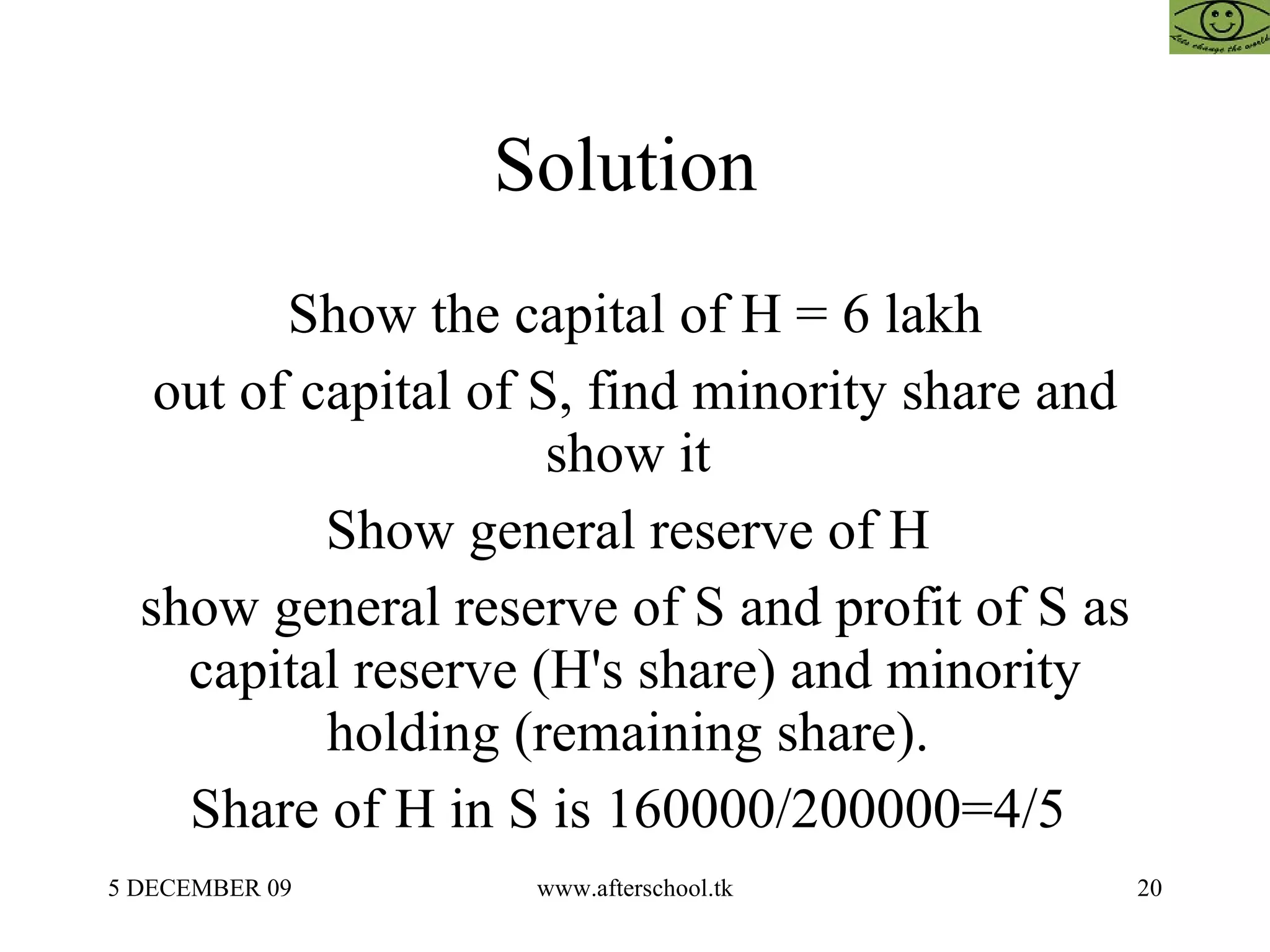 Solution  Show the capital of H = 6 lakh out of capital of S, find minority share and show it  Show general reserve of H  show general reserve of S and profit of S as capital reserve (H's share) and minority holding (remaining share).  Share of H in S is 160000/200000=4/5  