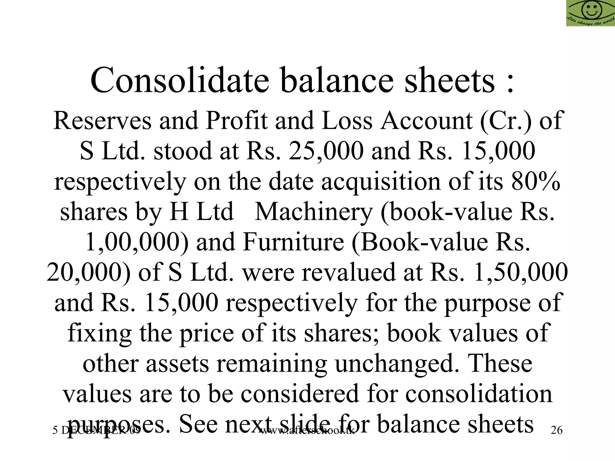 Consolidate balance sheets :  Reserves and Profit and Loss Account (Cr.) of S Ltd. stood at Rs. 25,000 and Rs. 15,000 respectively on the date acquisition of its 80% shares by H Ltd  Machinery (book-value Rs. 1,00,000) and Furniture (Book-value Rs. 20,000) of S Ltd. were revalued at Rs. 1,50,000 and Rs. 15,000 respectively for the purpose of fixing the price of its shares; book values of other assets remaining unchanged. These values are to be considered for consolidation purposes. See next slide for balance sheets  
