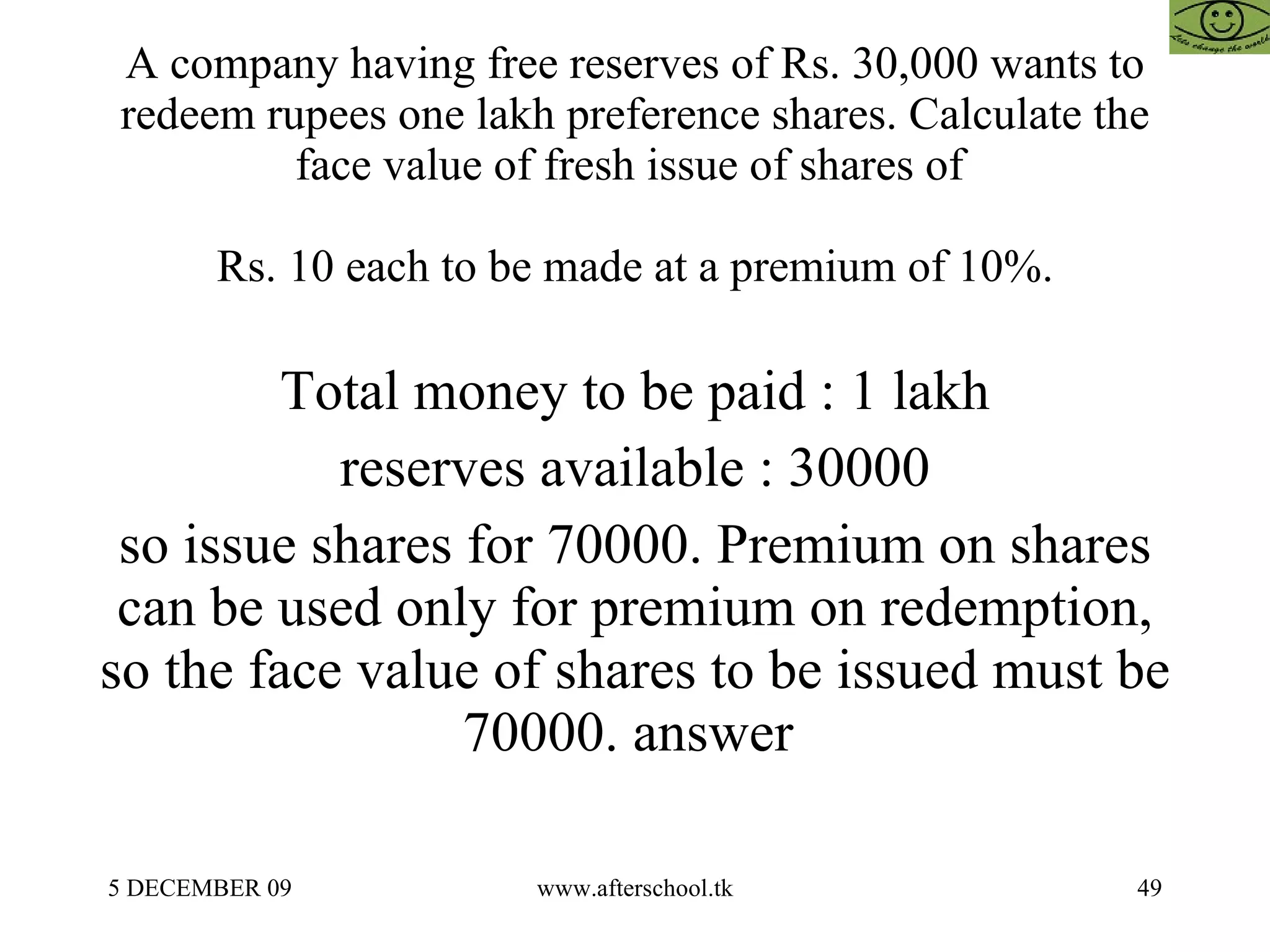 A company having free reserves of Rs. 30,000 wants to redeem rupees one lakh preference shares. Calculate the face value of fresh issue of shares of  Rs. 10 each to be made at a premium of 10%. Total money to be paid : 1 lakh reserves available : 30000 so issue shares for 70000. Premium on shares can be used only for premium on redemption, so the face value of shares to be issued must be 70000. answer  