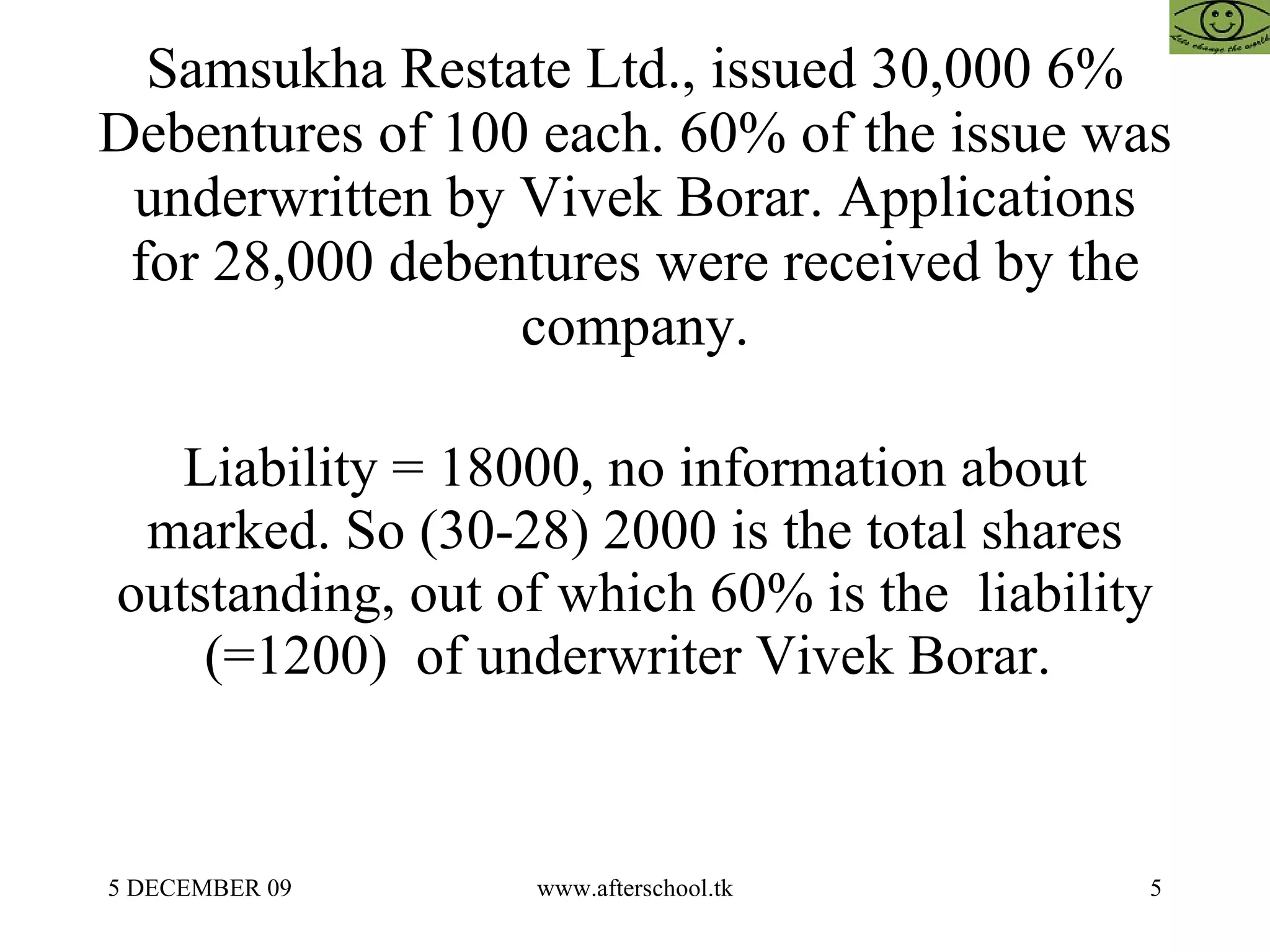 Samsukha Restate Ltd., issued 30,000 6% Debentures of 100 each. 60% of the issue was underwritten by Vivek Borar. Applications for 28,000 debentures were received by the company. Liability = 18000, no information about marked. So (30-28) 2000 is the total shares outstanding, out of which 60% is the  liability (=1200)  of underwriter Vivek Borar.  