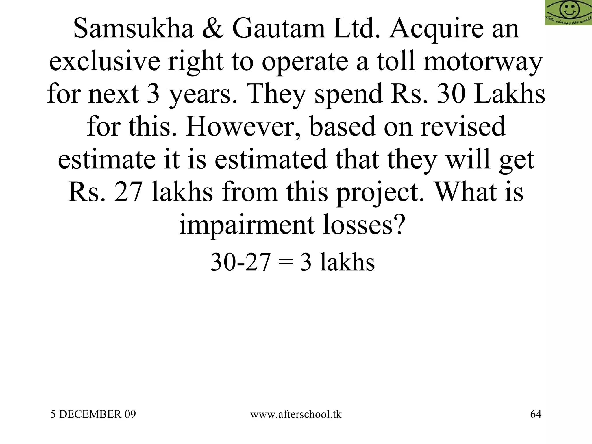 Samsukha & Gautam Ltd. Acquire an exclusive right to operate a toll motorway for next 3 years. They spend Rs. 30 Lakhs for this. However, based on revised estimate it is estimated that they will get Rs. 27 lakhs from this project. What is impairment losses?  30-27 = 3 lakhs  