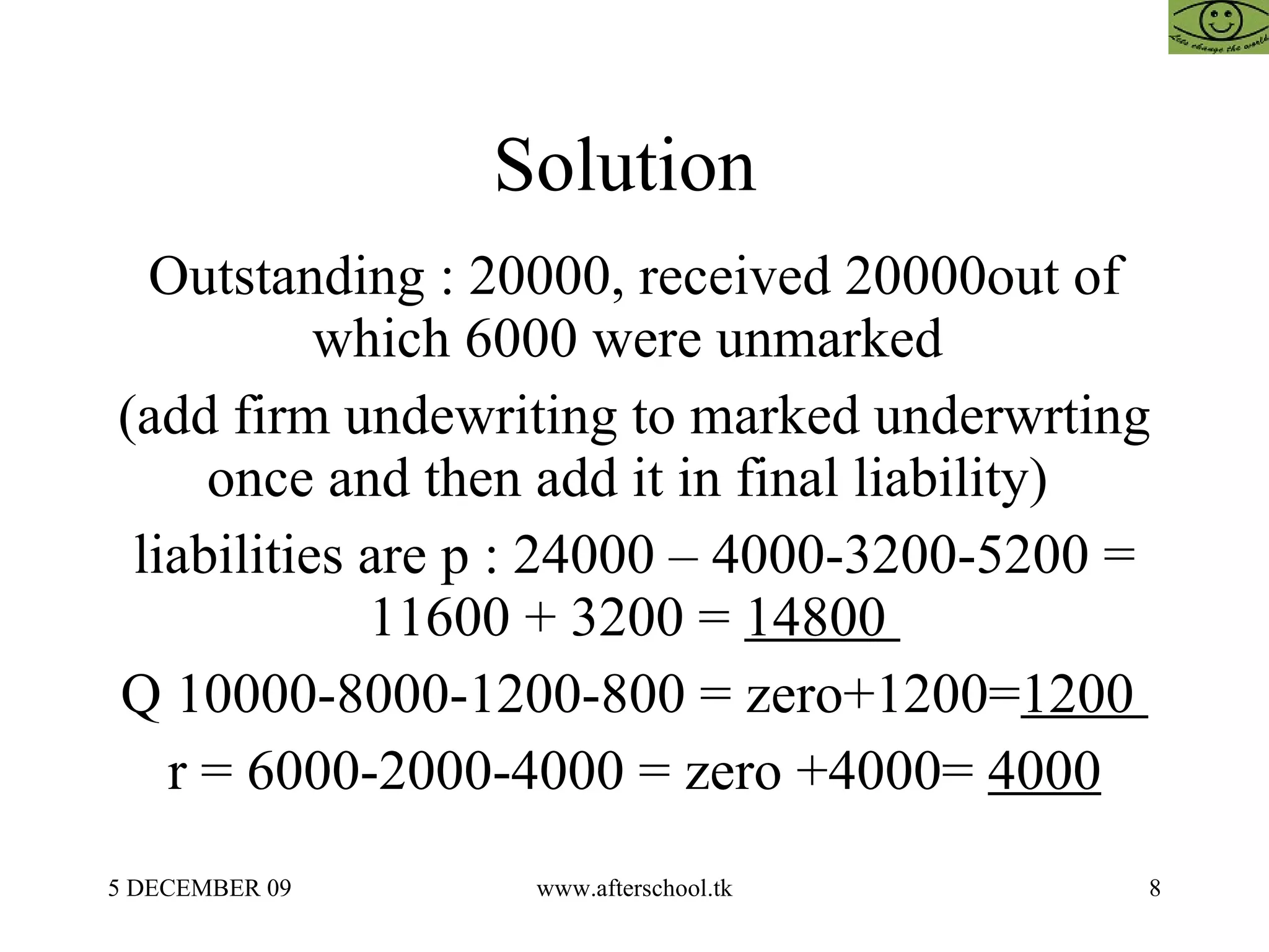 Solution  Outstanding : 20000, received 20000out of which 6000 were unmarked  (add firm undewriting to marked underwrting once and then add it in final liability)  liabilities are p : 24000 – 4000-3200-5200 = 11600 + 3200 =  14800  Q 10000-8000-1200-800 = zero+1200= 1200  r = 6000-2000-4000 = zero +4000=  4000 