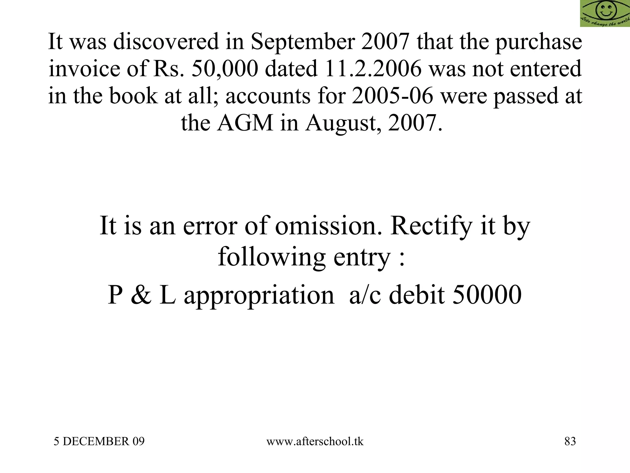It was discovered in September 2007 that the purchase invoice of Rs. 50,000 dated 11.2.2006 was not entered in the book at all; accounts for 2005-06 were passed at the AGM in August, 2007.  It is an error of omission. Rectify it by following entry :  P & L appropriation  a/c debit 50000 