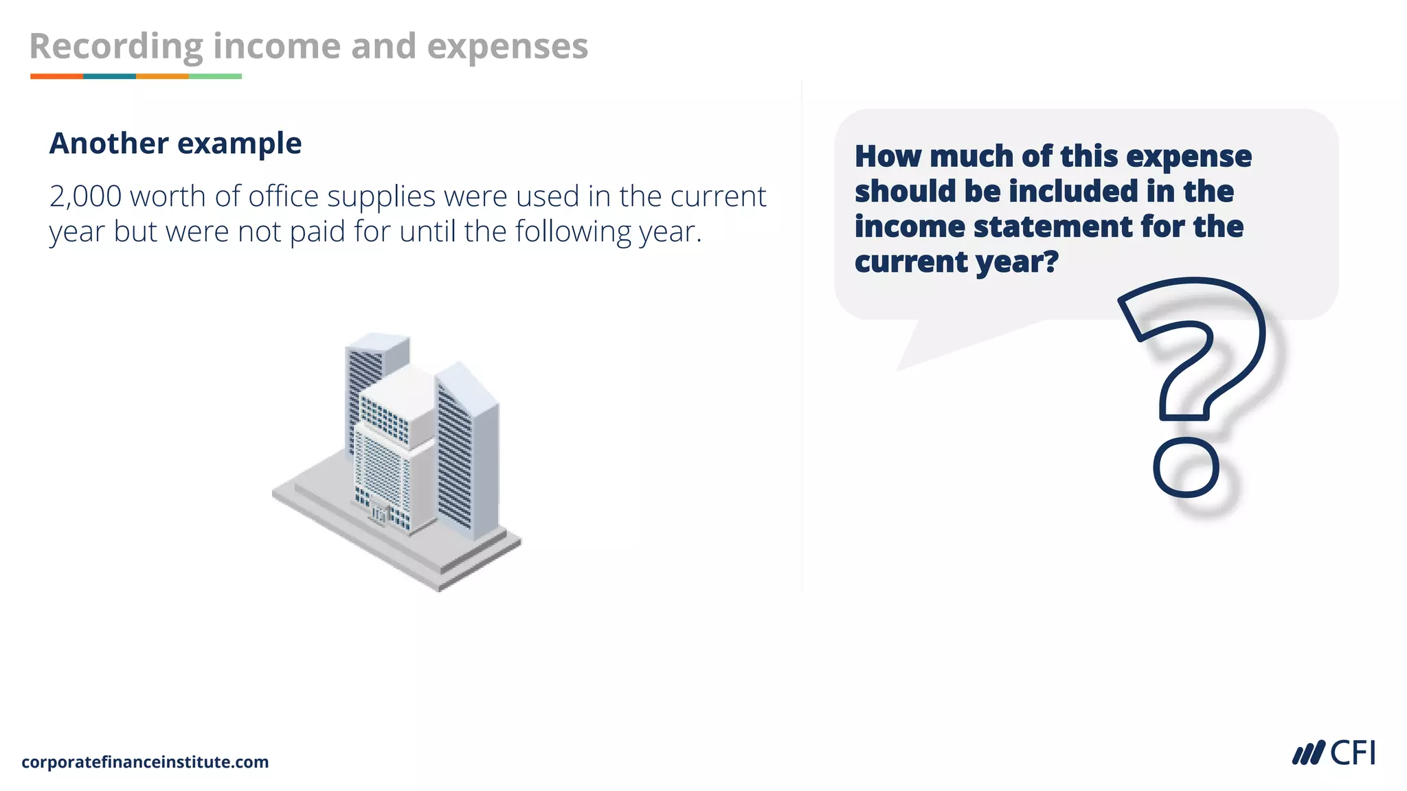 corporatefinanceinstitute.com
Recording income and expenses
How much of this expense
should be included in the
income statement for the
current year?
Another example
2,000 worth of office supplies were used in the current
year but were not paid for until the following year.
 