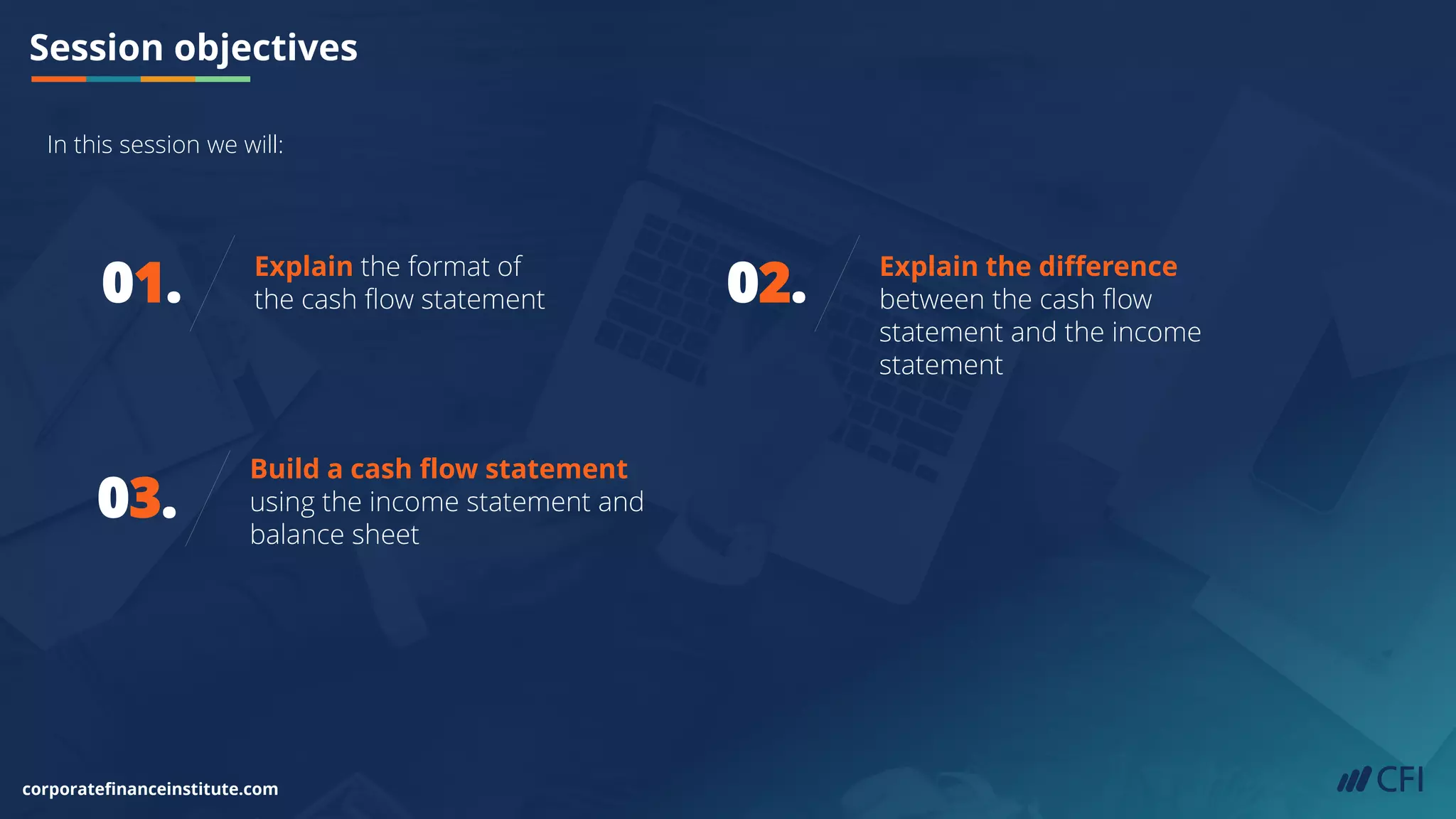Session objectives
corporatefinanceinstitute.com
01. Explain the format of
the cash flow statement
03.
Build a cash flow statement
using the income statement and
balance sheet
02. Explain the difference
between the cash flow
statement and the income
statement
In this session we will:
 