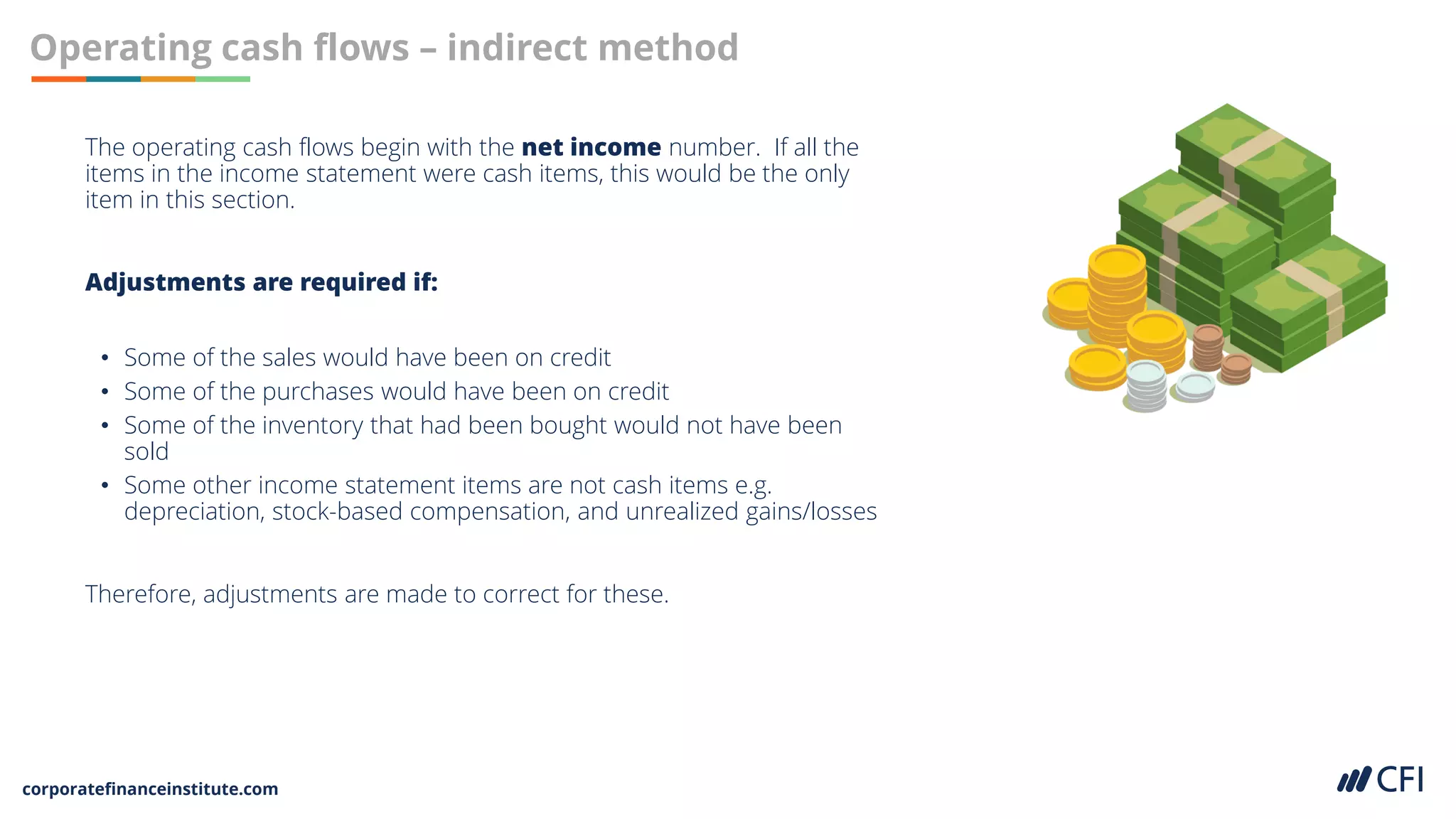corporatefinanceinstitute.com
Operating cash flows – indirect method
The operating cash flows begin with the net income number. If all the
items in the income statement were cash items, this would be the only
item in this section.
Adjustments are required if:
• Some of the sales would have been on credit
• Some of the purchases would have been on credit
• Some of the inventory that had been bought would not have been
sold
• Some other income statement items are not cash items e.g.
depreciation, stock-based compensation, and unrealized gains/losses
Therefore, adjustments are made to correct for these.
 