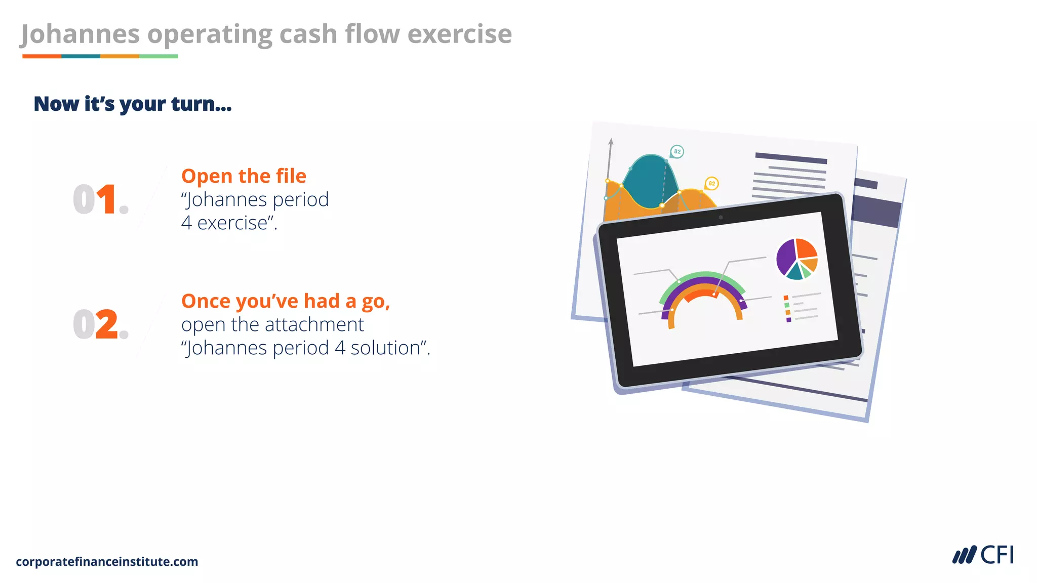 corporatefinanceinstitute.com
01.
Open the file
“Johannes period
4 exercise”.
Johannes operating cash flow exercise
02.
Once you’ve had a go,
open the attachment
“Johannes period 4 solution”.
Now it’s your turn…
 