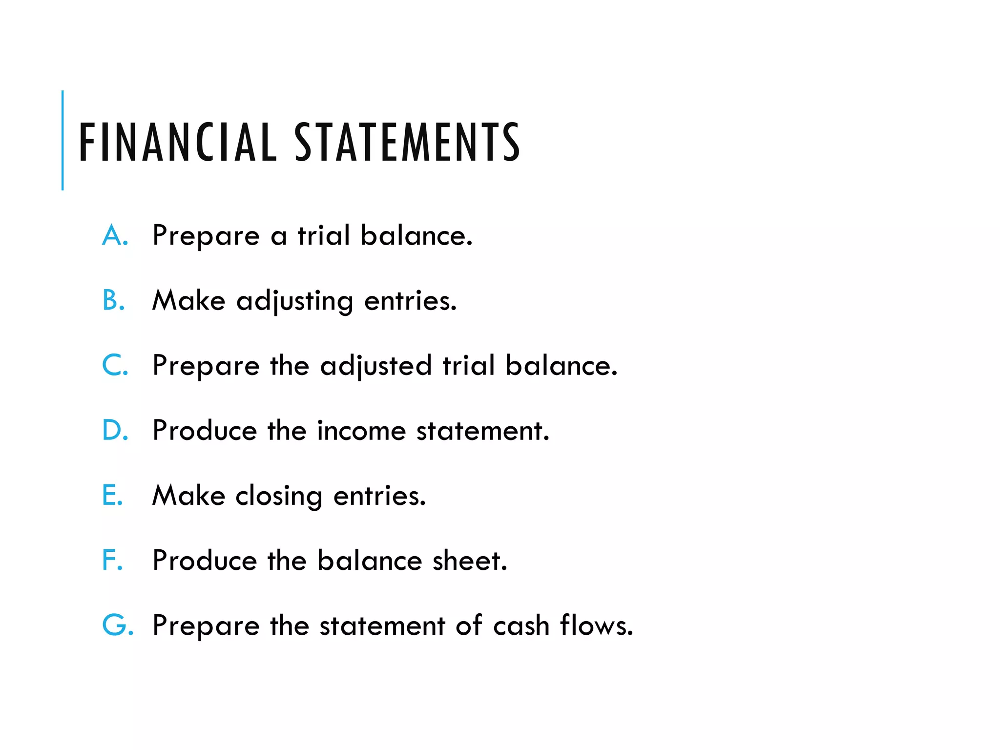FINANCIAL STATEMENTS
 A. Prepare a trial balance.
 B. Make adjusting entries.
 C. Prepare the adjusted trial balance.
 D. Produce the income statement.
 E. Make closing entries.
 F. Produce the balance sheet.
 G. Prepare the statement of cash flows.
 