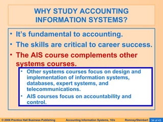 WHY STUDY ACCOUNTING 
INFORMATION SYSTEMS? 
• It’s fundamental to accounting. 
• The skills are critical to career success. 
• The AIS course complements other 
systems courses. 
• Other systems courses focus on design and 
implementation of information systems, 
databases, expert systems, and 
telecommunications. 
• AIS courses focus on accountability and 
control. 
© 2006 Prentice Hall Business Publishing Accounting Information Systems, 10/e Romney/Steinbart 34 of 43 
 
