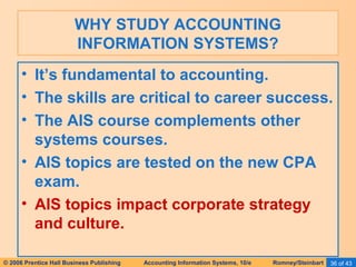WHY STUDY ACCOUNTING 
INFORMATION SYSTEMS? 
• It’s fundamental to accounting. 
• The skills are critical to career success. 
• The AIS course complements other 
systems courses. 
• AIS topics are tested on the new CPA 
exam. 
• AIS topics impact corporate strategy 
and culture. 
© 2006 Prentice Hall Business Publishing Accounting Information Systems, 10/e Romney/Steinbart 36 of 43 
 