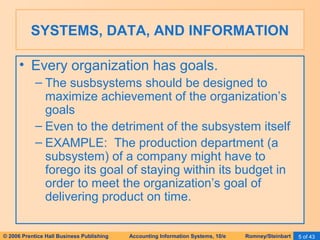 SYSTEMS, DATA, AND INFORMATION 
• Every organization has goals. 
– The susbsystems should be designed to 
maximize achievement of the organization’s 
goals 
– Even to the detriment of the subsystem itself 
– EXAMPLE: The production department (a 
subsystem) of a company might have to 
forego its goal of staying within its budget in 
order to meet the organization’s goal of 
delivering product on time. 
© 2006 Prentice Hall Business Publishing Accounting Information Systems, 10/e Romney/Steinbart 5 of 43 
 