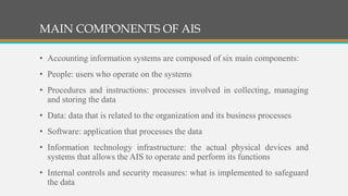 MAIN COMPONENTS OF AIS
• Accounting information systems are composed of six main components:
• People: users who operate on the systems
• Procedures and instructions: processes involved in collecting, managing
and storing the data
• Data: data that is related to the organization and its business processes
• Software: application that processes the data
• Information technology infrastructure: the actual physical devices and
systems that allows the AIS to operate and perform its functions
• Internal controls and security measures: what is implemented to safeguard
the data
 