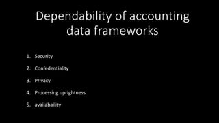 Dependability of accounting
data frameworks
1. Security
2. Confedentiality
3. Privacy
4. Processing uprightness
5. availabaility
 