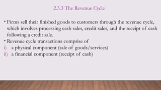 2.3.3 The Revenue Cycle
• Firms sell their finished goods to customers through the revenue cycle,
which involves processing cash sales, credit sales, and the receipt of cash
following a credit sale.
• Revenue cycle transactions comprise of
i) a physical component (sale of goods/services)
ii) a financial component (receipt of cash)
 