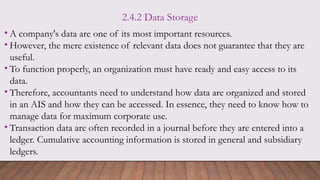 2.4.2 Data Storage
• A company's data are one of its most important resources.
• However, the mere existence of relevant data does not guarantee that they are
useful.
• To function properly, an organization must have ready and easy access to its
data.
• Therefore, accountants need to understand how data are organized and stored
in an AIS and how they can be accessed. In essence, they need to know how to
manage data for maximum corporate use.
• Transaction data are often recorded in a journal before they are entered into a
ledger. Cumulative accounting information is stored in general and subsidiary
ledgers.
 
