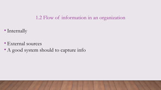 1.2 Flow of information in an organization
• Internally
• External sources
• A good system should to capture info
 