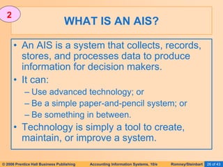 © 2006 Prentice Hall Business Publishing Accounting Information Systems, 10/e Romney/Steinbart 26 of 43
• An AIS is a system that collects, records,
stores, and processes data to produce
information for decision makers.
• It can:
– Use advanced technology; or
– Be a simple paper-and-pencil system; or
– Be something in between.
• Technology is simply a tool to create,
maintain, or improve a system.
WHAT IS AN AIS?
2
 