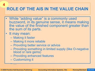© 2006 Prentice Hall Business Publishing Accounting Information Systems, 10/e Romney/Steinbart 43 of 43
• While “adding value” is a commonly used
buzzword, in its genuine sense, it means making
the value of the finished component greater than
the sum of its parts.
• It may mean:
– Making it faster
– Making it more reliable
– Providing better service or advice
– Providing something in limited supply (like O-negative
blood or rare gems)
– Providing enhanced features
– Customizing it
– …
ROLE OF THE AIS IN THE VALUE CHAIN
4
 