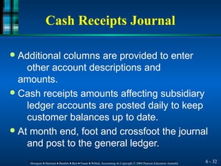 Cash Receipts Journal
6 - 32
Horngren ♦ Harrison ♦ Bamber ♦ Best ♦ Fraser ♦ Willett, Accounting 4e Copyright © 2004 Pearson Education Australia
Horngren ♦ Harrison ♦ Bamber ♦ Best ♦ Fraser ♦ Willett, Accounting 4e Copyright © 2004 Pearson Education Australia
● Additional columns are provided to enter
other account descriptions and
amounts.
● Cash receipts amounts affecting subsidiary
ledger accounts are posted daily to keep
customer balances up to date.
● At month end, foot and crossfoot the journal
and post to the general ledger.
 