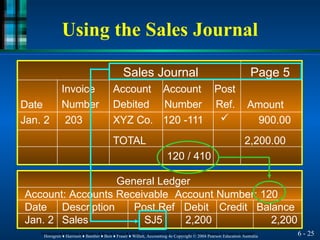 Sales Journal Page 5
Date
Invoice
Number
Account
Debited
Account
Number
Post
Ref. Amount
Jan. 2 203 XYZ Co. 120 -111 ✓ 900.00
TOTAL 2,200.00
120 / 410
General Ledger
Account: Accounts Receivable Account Number: 120
Date Description Post Ref Debit Credit Balance
Jan. 2 Sales SJ5 2,200 2,200
Using the Sales Journal
6 - 25
Horngren ♦ Harrison ♦ Bamber ♦ Best ♦ Fraser ♦ Willett, Accounting 4e Copyright © 2004 Pearson Education Australia
Horngren ♦ Harrison ♦ Bamber ♦ Best ♦ Fraser ♦ Willett, Accounting 4e Copyright © 2004 Pearson Education Australia
 