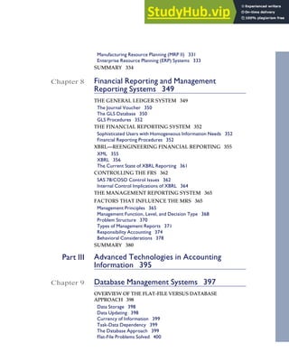 Manufacturing Resource Planning (MRP II) 331
Enterprise Resource Planning (ERP) Systems 333
SUMMARY 334
Chapter 8 Financial Reporting and Management
Reporting Systems 349
THE GENERAL LEDGER SYSTEM 349
The Journal Voucher 350
The GLS Database 350
GLS Procedures 352
THE FINANCIAL REPORTING SYSTEM 352
Sophisticated Users with Homogeneous Information Needs 352
Financial Reporting Procedures 352
XBRL—REENGINEERING FINANCIAL REPORTING 355
XML 355
XBRL 356
The Current State of XBRL Reporting 361
CONTROLLING THE FRS 362
SAS 78/COSO Control Issues 362
Internal Control Implications of XBRL 364
THE MANAGEMENT REPORTING SYSTEM 365
FACTORS THAT INFLUENCE THE MRS 365
Management Principles 365
Management Function, Level, and Decision Type 368
Problem Structure 370
Types of Management Reports 371
Responsibility Accounting 374
Behavioral Considerations 378
SUMMARY 380
Part III Advanced Technologies in Accounting
Information 395
Chapter 9 Database Management Systems 397
OVERVIEW OF THE FLAT-FILE VERSUS DATABASE
APPROACH 398
Data Storage 398
Data Updating 398
Currency of Information 399
Task-Data Dependency 399
The Database Approach 399
Flat-File Problems Solved 400
Contents ix
 