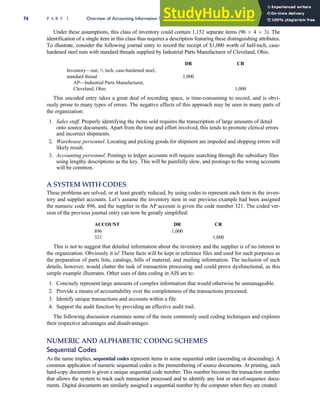 Under these assumptions, this class of inventory could contain 1,152 separate items (96  4  3). The
identification of a single item in this class thus requires a description featuring these distinguishing attributes.
To illustrate, consider the following journal entry to record the receipt of $1,000 worth of half-inch, case-
hardened steel nuts with standard threads supplied by Industrial Parts Manufacturer of Cleveland, Ohio.
DR CR
Inventory—nut, ½ inch, case-hardened steel,
standard thread 1,000
AP—Industrial Parts Manufacturer,
Cleveland, Ohio 1,000
This uncoded entry takes a great deal of recording space, is time-consuming to record, and is obvi-
ously prone to many types of errors. The negative effects of this approach may be seen in many parts of
the organization:
1. Sales staff. Properly identifying the items sold requires the transcription of large amounts of detail
onto source documents. Apart from the time and effort involved, this tends to promote clerical errors
and incorrect shipments.
2. Warehouse personnel. Locating and picking goods for shipment are impeded and shipping errors will
likely result.
3. Accounting personnel. Postings to ledger accounts will require searching through the subsidiary files
using lengthy descriptions as the key. This will be painfully slow, and postings to the wrong accounts
will be common.
A SYSTEM WITH CODES
These problems are solved, or at least greatly reduced, by using codes to represent each item in the inven-
tory and supplier accounts. Let’s assume the inventory item in our previous example had been assigned
the numeric code 896, and the supplier in the AP account is given the code number 321. The coded ver-
sion of the previous journal entry can now be greatly simplified:
ACCOUNT DR CR
896 1,000
321 1,000
This is not to suggest that detailed information about the inventory and the supplier is of no interest to
the organization. Obviously it is! These facts will be kept in reference files and used for such purposes as
the preparation of parts lists, catalogs, bills of material, and mailing information. The inclusion of such
details, however, would clutter the task of transaction processing and could prove dysfunctional, as this
simple example illustrates. Other uses of data coding in AIS are to:
1. Concisely represent large amounts of complex information that would otherwise be unmanageable.
2. Provide a means of accountability over the completeness of the transactions processed.
3. Identify unique transactions and accounts within a file.
4. Support the audit function by providing an effective audit trail.
The following discussion examines some of the more commonly used coding techniques and explores
their respective advantages and disadvantages.
NUMERIC AND ALPHABETIC CODING SCHEMES
Sequential Codes
As the name implies, sequential codes represent items in some sequential order (ascending or descending). A
common application of numeric sequential codes is the prenumbering of source documents. At printing, each
hard-copy document is given a unique sequential code number. This number becomes the transaction number
that allows the system to track each transaction processed and to identify any lost or out-of-sequence docu-
ments. Digital documents are similarly assigned a sequential number by the computer when they are created.
76 P A R T I Overview of Accounting Information Systems
 