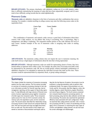 DISADVANTAGES. The primary drawbacks with alphabetic coding are (1) as with numeric codes,
there is difficulty rationalizing the meaning of codes that have been sequentially assigned, and (2) users
tend to have difficulty sorting records that are coded alphabetically.
Mnemonic Codes
Mnemonic codes are alphabetic characters in the form of acronyms and other combinations that convey
meaning. For example, a student enrolling in college courses may enter the following course codes on the
registration form:
Course Type Course Number
Acctg 101
Psyc 110
Mgt 270
Mktg 300
This combination of mnemonic and numeric codes conveys a good deal of information about these
courses; with a little analysis, we can deduce that Acctg is accounting, Psyc is psychology, Mgt is
management, and Mktg is marketing. The sequential number portion of the code indicates the level of
each course. Another example of the use of mnemonic codes is assigning state codes in mailing
addresses:
Code Meaning
NY New York
CA California
OK Oklahoma
ADVANTAGES. The mnemonic coding scheme does not require the user to memorize meaning; the
code itself conveys a high degree of information about the item that is being represented.
DISADVANTAGES. Although mnemonic codes are useful for representing classes of items, they have
limited ability to represent items within a class. For example, the entire class of accounts receivable could
be represented by the mnemonic code AR, but we would quickly exhaust meaningful combinations of
alphabetic characters if we attempted to represent the individual accounts that make up this class. These
accounts would be represented better by sequential, block, or group coding techniques.
Summary
This chapter divided the treatment of transaction processing
systems into five major sections. The first section provided
an overview of transaction processing, showing its vital role
as an information provider for financial reporting, internal
management reporting, and the support of day-to-day opera-
tions. To deal efficiently with large volumes of financial trans-
actions, business organizations group together transactions
of similar types into transaction cycles. Three transaction
cycles account for most of a firm’s economic activity: the
revenue cycle, the expenditure cycle, and the conversion
cycle. The second section described the relationship among
accounting records in both manual and computer-based sys-
tems. We saw how both hard-copy and digital documents
form an audit trail. The third section of the chapter pre-
sented an overview of documentation techniques used to
describe the key features of systems. Accountants must be
proficient in using documentation tools to perform their
professional duties. Five types of documentation are com-
monly used for this purpose: data flow diagrams, entity rela-
tionship diagrams, system flowcharts, program flowcharts,
and record layout diagrams. The fourth section presented
two computer-based transaction processing systems: (1)
batch processing using real-time data collection and (2) real-
time processing. The section also examined the operational
efficiency issues associated with each configuration. Finally,
we examined data coding schemes and their role in transac-
tion processing and AIS as a means of coordinating and man-
aging a firm’s transactions. In examining the major types of
numeric and alphabetic coding schemes, we saw how each
has certain advantages and disadvantages.
C H A P T E R 2 Introduction to Transaction Processing 79
 