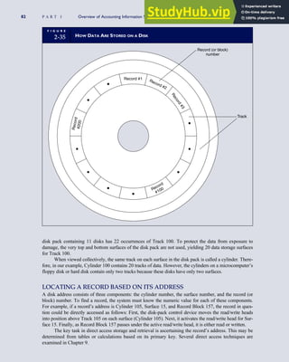 disk pack containing 11 disks has 22 occurrences of Track 100. To protect the data from exposure to
damage, the very top and bottom surfaces of the disk pack are not used, yielding 20 data storage surfaces
for Track 100.
When viewed collectively, the same track on each surface in the disk pack is called a cylinder. There-
fore, in our example, Cylinder 100 contains 20 tracks of data. However, the cylinders on a microcomputer’s
floppy disk or hard disk contain only two tracks because these disks have only two surfaces.
LOCATING A RECORD BASED ON ITS ADDRESS
A disk address consists of three components: the cylinder number, the surface number, and the record (or
block) number. To find a record, the system must know the numeric value for each of these components.
For example, if a record’s address is Cylinder 105, Surface 15, and Record Block 157, the record in ques-
tion could be directly accessed as follows: First, the disk-pack control device moves the read/write heads
into position above Track 105 on each surface (Cylinder 105). Next, it activates the read/write head for Sur-
face 15. Finally, as Record Block 157 passes under the active read/write head, it is either read or written.
The key task in direct access storage and retrieval is ascertaining the record’s address. This may be
determined from tables or calculations based on its primary key. Several direct access techniques are
examined in Chapter 9.
F I G U R E
2-35 HOW DATA ARE STORED ON A DISK
Record #2
Record #1
R
e
c
o
r
d
#
3
Record
#100
R
e
c
o
r
d
#
2
0
0
Track
Record (or block)
number
82 P A R T I Overview of Accounting Information Systems
 