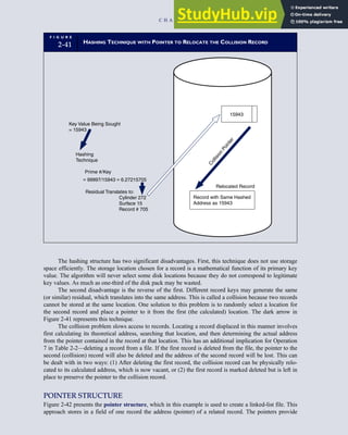 The hashing structure has two significant disadvantages. First, this technique does not use storage
space efficiently. The storage location chosen for a record is a mathematical function of its primary key
value. The algorithm will never select some disk locations because they do not correspond to legitimate
key values. As much as one-third of the disk pack may be wasted.
The second disadvantage is the reverse of the first. Different record keys may generate the same
(or similar) residual, which translates into the same address. This is called a collision because two records
cannot be stored at the same location. One solution to this problem is to randomly select a location for
the second record and place a pointer to it from the first (the calculated) location. The dark arrow in
Figure 2-41 represents this technique.
The collision problem slows access to records. Locating a record displaced in this manner involves
first calculating its theoretical address, searching that location, and then determining the actual address
from the pointer contained in the record at that location. This has an additional implication for Operation
7 in Table 2-2—deleting a record from a file. If the first record is deleted from the file, the pointer to the
second (collision) record will also be deleted and the address of the second record will be lost. This can
be dealt with in two ways: (1) After deleting the first record, the collision record can be physically relo-
cated to its calculated address, which is now vacant, or (2) the first record is marked deleted but is left in
place to preserve the pointer to the collision record.
POINTER STRUCTURE
Figure 2-42 presents the pointer structure, which in this example is used to create a linked-list file. This
approach stores in a field of one record the address (pointer) of a related record. The pointers provide
F I G U R E
2-41 HASHING TECHNIQUE WITH POINTER TO RELOCATE THE COLLISION RECORD
Record with Same Hashed
Address as 15943
Relocated Record
C
o
l
l
i
s
i
o
n
P
o
i
n
t
e
r
Key Value Being Sought
= 15943
Hashing
Technique
Prime #/Key
= 99997/15943 = 6.27215705
Residual Translates to:
Cylinder 272
Surface 15
Record # 705
15943
C H A P T E R 2 Introduction to Transaction Processing 89
 