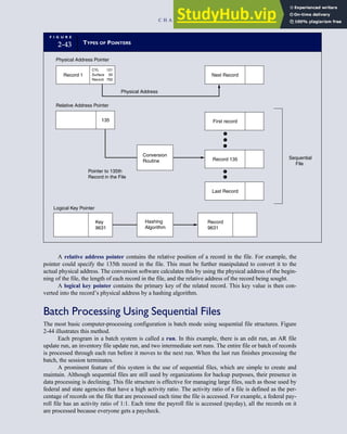 A relative address pointer contains the relative position of a record in the file. For example, the
pointer could specify the 135th record in the file. This must be further manipulated to convert it to the
actual physical address. The conversion software calculates this by using the physical address of the begin-
ning of the file, the length of each record in the file, and the relative address of the record being sought.
A logical key pointer contains the primary key of the related record. This key value is then con-
verted into the record’s physical address by a hashing algorithm.
Batch Processing Using Sequential Files
The most basic computer-processing configuration is batch mode using sequential file structures. Figure
2-44 illustrates this method.
Each program in a batch system is called a run. In this example, there is an edit run, an AR file
update run, an inventory file update run, and two intermediate sort runs. The entire file or batch of records
is processed through each run before it moves to the next run. When the last run finishes processing the
batch, the session terminates.
A prominent feature of this system is the use of sequential files, which are simple to create and
maintain. Although sequential files are still used by organizations for backup purposes, their presence in
data processing is declining. This file structure is effective for managing large files, such as those used by
federal and state agencies that have a high activity ratio. The activity ratio of a file is defined as the per-
centage of records on the file that are processed each time the file is accessed. For example, a federal pay-
roll file has an activity ratio of 1:1. Each time the payroll file is accessed (payday), all the records on it
are processed because everyone gets a paycheck.
F I G U R E
2-43 TYPES OF POINTERS
Record 1
Physical Address Pointer
Relative Address Pointer
Conversion
Routine
Logical Key Pointer
Key
9631
Hashing
Algorithm
Physical Address
First record
•
•
•
Record 135
Last Record
Sequential
File
•
•
Pointer to 135th
Record in the File
135
Next Record
Record
9631
CYL
Surface
Record
121
05
750
C H A P T E R 2 Introduction to Transaction Processing 91
 