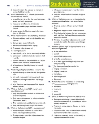 d. Indexed random files are easy to maintain in
terms of adding records.
10. Which statement is NOT correct? The indexed
sequential access method
a. is used for very large files that need both direct
access and batch processing.
b. may use an overflow area for records.
c. provides an exact physical address for each
record.
d. is appropriate for files that require few inser-
tions or deletions.
11. Which statement is true about a hashing structure?
a. The same address could be calculated for two
records.
b. Storage space is used efficiently.
c. Records cannot be accessed rapidly.
d. A separate index is required.
12. In a hashing structure
a. two records can be stored at the same address.
b. pointers are used to indicate the location of all
records.
c. pointers are used to indicate location of a record
with the same address as another record.
d. all locations on the disk are used for record
storage.
13. An advantage of a physical address pointer is that
a. it points directly to the actual disk storage loca-
tion.
b. it is easily recovered if it is inadvertently lost.
c. it remains unchanged when disks are reorga-
nized.
d. all of the above are advantages of the physical
address pointer.
14. Which of the following is NOT true of a turn-
around document?
a. They may reduce the number of errors made
by external parties.
b. They are commonly used by utility companies
(gas, power, water).
c. They are documents used by internal parties only.
d. They are both input and output documents.
15. Which of the following is NOT a true statement?
a. Transactions are recorded on source docu-
ments and are posted to journals.
b. Transactions are recorded in journals and are
posted to ledgers.
c. Infrequent transactions are recorded in the
general journal.
d. Frequent transactions are recorded in special
journals.
16. Which of the following is true of the relationship
between subsidiary ledgers and general ledger
accounts?
a. The two contain different and unrelated
data.
b. All general ledger accounts have subsidiaries.
c. The relationship between the two provides an
audit trail from the financial statements to the
source documents.
d. The total of subsidiary ledger accounts usually
exceeds the total in the related general ledger
account.
17. Real-time systems might be appropriate for all of
the following EXCEPT
a. airline reservations.
b. payroll.
c. point-of-sale transactions.
d. air traffic control systems.
e. all of these applications typically utilize real-
time processing.
18. is the system flowchart symbol for:
a. on-page connector.
b. off-page connector.
c. home base.
d. manual operation.
e. document.
19. A chart of accounts would best be coded using
a(n) ______________ coding scheme.
a. alphabetic
b. mnemonic
c. block
d. sequential
20. Which of the following statements is NOT true?
a. Sorting records that are coded alphabetically
tends to be more difficult for users than sorting
numeric sequences.
b. Mnemonic coding requires the user to memo-
rize codes.
c. Sequential codes carry no information content
beyond their order in the sequence.
d. Mnemonic codes are limited in their ability to
represent items within a class.
102 P A R T I Overview of Accounting Information Systems
 