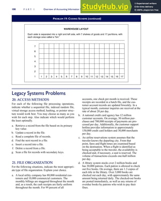 Legacy Systems Problems
20. ACCESS METHODS
For each of the following file processing operations,
indicate whether a sequential file, indexed random file,
virtual storage access method, hashing, or pointer struc-
ture would work best. You may choose as many as you
wish for each step. Also indicate which would perform
the least optimally.
a. Retrieve a record from the file based on its primary
key value.
b. Update a record in the file.
c. Read a complete file of records.
d. Find the next record in a file.
e. Insert a record into a file.
f. Delete a record from a file.
g. Scan a file for records with secondary keys.
21. FILE ORGANIZATION
For the following situations, indicate the most appropri-
ate type of file organization. Explain your choice.
a. A local utility company has 80,000 residential cus-
tomers and 10,000 commercial customers. The
monthly billings are staggered throughout the month
and, as a result, the cash receipts are fairly uniform
throughout the month. For 99 percent of all
accounts, one check per month is received. These
receipts are recorded in a batch file, and the cus-
tomer account records are updated biweekly. In a
typical month, customer inquiries are received at the
rate of about 20 per day.
b. A national credit card agency has 12 million
customer accounts. On average, 30 million pur-
chases and 700,000 receipts of payments are pro-
cessed per day. Additionally, the customer support
hotline provides information to approximately
150,000 credit card holders and 30,000 merchants
per day.
c. An airline reservations system assumes that the
traveler knows the departing city. From that
point, fares and flight times are examined based
on the destination. When a flight is identified as
being acceptable to the traveler, the availability is
checked and, if necessary, a seat is reserved. The
volume of transactions exceeds one-half million
per day.
d. A library system stocks over 2 million books and
has 30,000 patrons. Each patron is allowed to check
out five books. On average, there are 1.3 copies of
each title in the library. Over 3,000 books are
checked out each day, with approximately the same
amount being returned daily. The checked-out books
are posted immediately, as well as any returns of
overdue books by patrons who wish to pay their
fines.
PROBLEM 19: CODING SCHEME (continued)
WAREHOUSE LAYOUT
Each aisle is separated into a right and left side, with 7 shelves of goods and 17 partitions, with
each storage area called a “bin.”
7
6
5
4
3
2
1 1 2 3 4 5 6 7 8 9 10 11 12 13 14 15 16 17
108 P A R T I Overview of Accounting Information Systems
 