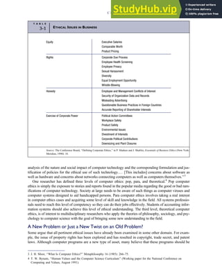 analysis of the nature and social impact of computer technology and the corresponding formulation and jus-
tification of policies for the ethical use of such technology.… [This includes] concerns about software as
well as hardware and concerns about networks connecting computers as well as computers themselves.’’3
One researcher has defined three levels of computer ethics: pop, para, and theoretical.4
Pop computer
ethics is simply the exposure to stories and reports found in the popular media regarding the good or bad ram-
ifications of computer technology. Society at large needs to be aware of such things as computer viruses and
computer systems designed to aid handicapped persons. Para computer ethics involves taking a real interest
in computer ethics cases and acquiring some level of skill and knowledge in the field. All systems professio-
nals need to reach this level of competency so they can do their jobs effectively. Students of accounting infor-
mation systems should also achieve this level of ethical understanding. The third level, theoretical computer
ethics, is of interest to multidisciplinary researchers who apply the theories of philosophy, sociology, and psy-
chology to computer science with the goal of bringing some new understanding to the field.
A New Problem or Just a New Twist on an Old Problem?
Some argue that all pertinent ethical issues have already been examined in some other domain. For exam-
ple, the issue of property rights has been explored and has resulted in copyright, trade secret, and patent
laws. Although computer programs are a new type of asset, many believe that these programs should be
T A B L E
3-1 ETHICAL ISSUES IN BUSINESS
Equity Executive Salaries
Comparable Worth
Product Pricing
Rights Corporate Due Process
Employee Health Screening
Employee Privacy
Sexual Harassment
Diversity
Equal Employment Opportunity
Whistle-Blowing
Honesty Employee and Management Conflicts of Interest
Security of Organization Data and Records
Misleading Advertising
Questionable Business Practices in Foreign Countries
Accurate Reporting of Shareholder Interests
Exercise of Corporate Power Political Action Committees
Workplace Safety
Product Safety
Environmental Issues
Divestment of Interests
Corporate Political Contributions
Downsizing and Plant Closures
Source: The Conference Board, ‘‘Defining Corporate Ethics,’’ in P. Madsen and J. Shafritz, Essentials of Business Ethics (New York:
Meridian, 1990): 18.
3 J. H. Moor, ‘‘What Is Computer Ethics?’’ Metaphilosophy 16 (1985): 266–75.
4 T. W. Bynum, ‘‘Human Values and the Computer Science Curriculum’’ (Working paper for the National Conference on
Computing and Values, August 1991).
C H A P T E R 3 Ethics, Fraud, and Internal Control 113
 