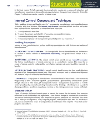 to the fraud picture. To fully appreciate these complexities requires an awareness of technology and
internal control issues that are discussed in subsequent chapters. Computer fraud is therefore deferred to
Chapter 15, wherein we examine a number of related topics.
Internal Control Concepts and Techniques
With a backdrop of ethics and fraud in place, let’s now examine internal control concepts and techniques
for dealing with these problems. The internal control system comprises policies, practices, and proce-
dures employed by the organization to achieve four broad objectives:
1. To safeguard assets of the firm.
2. To ensure the accuracy and reliability of accounting records and information.
3. To promote efficiency in the firm’s operations.
4. To measure compliance with management’s prescribed policies and procedures.16
Modifying Assumptions
Inherent in these control objectives are four modifying assumptions that guide designers and auditors of
internal controls.17
MANAGEMENT RESPONSIBILITY. This concept holds that the establishment and maintenance
of a system of internal control is a management responsibility. This point is made eminent in SOX
legislation.
REASONABLE ASSURANCE. The internal control system should provide reasonable assurance
that the four broad objectives of internal control are met in a cost-effective manner. This means that no
system of internal control is perfect and the cost of achieving improved control should not outweigh its
benefits.
METHODS OF DATA PROCESSING. Internal controls should achieve the four broad objectives
regardless of the data processing method used. The control techniques used to achieve these objectives
will, however, vary with different types of technology.
LIMITATIONS. Every system of internal control has limitations on its effectiveness. These include (1)
the possibility of error—no system is perfect, (2) circumvention—personnel may circumvent the system
through collusion or other means, (3) management override—management is in a position to override
control procedures by personally distorting transactions or by directing a subordinate to do so, and (4)
changing conditions—conditions may change over time so that existing controls may become ineffectual.
Exposures and Risk
Figure 3-2 portrays the internal control system as a shield that protects the firm’s assets from numerous
undesirable events that bombard the organization. These include attempts at unauthorized access to the
firm’s assets (including information); fraud perpetrated by persons both inside and outside the firm; errors
due to employee incompetence, faulty computer programs, and corrupted input data; and mischievous
acts, such as unauthorized access by computer hackers and threats from computer viruses that destroy
programs and databases.
16 American Institute of Certified Public Accountants, AICPA Professional Standards, vol. 1. AU Sec. 320.30–35 (New York:
AICPA, 1987).
17 American Institute of Certified Public Accountants, Committee on Auditing Procedure, Internal Control—Elements of a
Coordinated System and Its Importance to Management and the Independent Public Accountant, Statement on Auditing
Standards No. 1, Sec. 320 (New York: AICPA, 1973).
128 P A R T I Overview of Accounting Information Systems
 