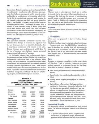 this position. To try to keep sales levels up, he established a
reward incentive based on net sales. The new sales man-
ager, Bob Sellmore, was eager to set his career in motion
and decided he would attempt to increase the sales levels.
To do this, he recruited new customers while keeping the
old clientele. After one year, Bob had proved himself to
Chuck, who decided to introduce an advertising program
to further increase sales. This brought in orders from a
number of new customers, many of whom Breezy had
never done business with before. The influx of orders
excited Chuck so much that he instructed Jane Breezy, the
finance manager, to raise the initial credit level for new cus-
tomers. This induced some customers to purchase more.
Existing System
The accountant prepared a comparative income state-
ment to show changes in revenues and expenses over
the last three years, shown in Exhibit A. Currently, Bob
is receiving a commission of 2 percent of net sales.
Breezy Company uses credit terms of net 30 days. At
the end of previous years, bad debt expense amounted
to approximately 2 percent of net sales.
As the finance manager, Jane performs credit checks.
In previous years, Jane had been familiar with most clients
and approved credit on the basis of past behavior. When
dealing with new customers, Jane usually approved a low
credit amount and increased it after the customer exhibited
reliability. With the large increase in sales, Chuck thought
that the current policy was restricting a further rise in sales
levels. He decided to increase credit limits to eliminate this
restriction. This policy, combined with the new advertis-
ing program, should attract many new customers.
Future
The new level of sales impresses Chuck and he wishes
to expand, but he also wants to keep uncollectibles to a
minimum. He believes the amount of uncollectibles
should remain relatively constant as a percentage of
sales. Chuck is thinking of expanding his production
line, but wants to see uncollectibles drop and sales sta-
bilize before he proceeds with this plan.
Required
Analyze the weaknesses in internal control and suggest
improvements.
3. Whodunit?
(This case was prepared by Karen Collins, Lehigh
University)
The following facts relate to an actual embezzlement case.
Someone stole more than $40,000 from a small com-
pany in less than two months. Your job is to study the
following facts, try to figure out who was responsible
for the theft, how it was perpetrated, and (most impor-
tant) suggest ways to prevent something like this from
happening again.
Facts
Location of company: a small town on the eastern shore
of Maryland. Type of company: crabmeat processor,
selling crabmeat to restaurants located in Maryland.
Characters in the story (names are fictitious):
 John Smith, president and stockholder (husband of
Susan).
 Susan Smith, vice president and stockholder (wife of
John).
 Tommy Smith, shipping manager (son of John and
Susan).
 Debbie Jones, office worker. She began working
part-time for the company six months before the theft.
(At that time, she was a high school senior and was
allowed to work afternoons through a school intern-
ship program.) Upon graduation from high school
(several weeks before the theft was discovered), she
began working full-time. Although she is not a mem-
ber of the family, the Smiths have been close friends
with Debbie’s parents for more than 10 years.
Accounting Records
All accounting records are maintained on a microcom-
puter. The software being used consists of the following
modules:
1. A general ledger system, which keeps track of
all balances in the general ledger accounts and
produces a trial balance at the end of each month.
EXHIBIT A
BREEZY COMPANY
COMPARATIVE INCOME STATEMENT
FOR YEARS 2005, 2006, 2007
2005 2006 2007
Revenues:
Net sales $ 350,000 $ 500,000 $ 600,000
Other revenue 60,000 60,000 62,000
Total revenue 410,000 560,000 662,000
Expenses:
Cost of goods sold 140,000 200,000 240,000
Bad debt expense 7,000 20,000 36,000
Salaries expense 200,000 210,000 225,000
Selling expense 5,000 15,000 20,000
Advertising expense 0 0 10,000
Other expenses 20,000 30,000 35,000
Total expenses 372,000 475,000 566,000
Net income $ 38,000 $ 85,000 $ 96,000
146 P A R T I Overview of Accounting Information Systems
 