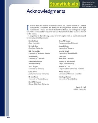Acknowledgments
I
want to thank the Institute of Internal Auditors, Inc., and the Institute of Certified
Management Accountants, for permission to use problem materials from past
examinations. I would also like to thank Dave Hinrichs, my colleague at Lehigh
University, for his careful work on the text and the verification of the Solutions Manual
for this edition.
I am grateful to the following people for reviewing the book in recent editions and
for providing helpful comments:
Beth Brilliant
Kean University
Kevin E. Dow
Kent State University
H.P. Garsombke
University of Nebraska, Omaha
Alan Levitan
University of Louisville
Sakthi Mahenthiran
Butler University
Jeff L. Payne
University of Kentucky
Sarah Brown
Southern Arkansas University
H. Sam Riner
University of North Alabama
David M. Cannon
Grand Valley State University
Helen M. Savage
Youngstown State University
James Holmes
University of Kentucky
Jerry D. Siebel
University of South Florida
Frank Ilett
Boise State University
Richard M. Sokolowski
Teikyo Post University
Andrew D. Luzi
California State University, Fullerton
Patrick Wheeler
University of Missouri, Columbia
Srini Ragothaman
University of South Dakota
James A. Hall
Lehigh University
xxvi
 