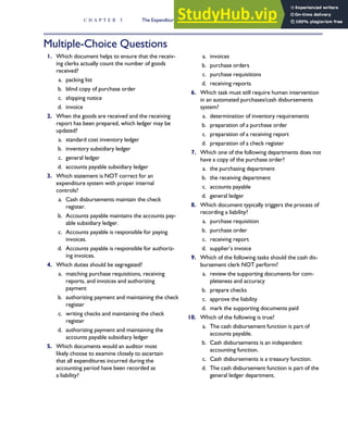 Multiple-Choice Questions
1. Which document helps to ensure that the receiv-
ing clerks actually count the number of goods
received?
a. packing list
b. blind copy of purchase order
c. shipping notice
d. invoice
2. When the goods are received and the receiving
report has been prepared, which ledger may be
updated?
a. standard cost inventory ledger
b. inventory subsidiary ledger
c. general ledger
d. accounts payable subsidiary ledger
3. Which statement is NOT correct for an
expenditure system with proper internal
controls?
a. Cash disbursements maintain the check
register.
b. Accounts payable maintains the accounts pay-
able subsidiary ledger.
c. Accounts payable is responsible for paying
invoices.
d. Accounts payable is responsible for authoriz-
ing invoices.
4. Which duties should be segregated?
a. matching purchase requisitions, receiving
reports, and invoices and authorizing
payment
b. authorizing payment and maintaining the check
register
c. writing checks and maintaining the check
register
d. authorizing payment and maintaining the
accounts payable subsidiary ledger
5. Which documents would an auditor most
likely choose to examine closely to ascertain
that all expenditures incurred during the
accounting period have been recorded as
a liability?
a. invoices
b. purchase orders
c. purchase requisitions
d. receiving reports
6. Which task must still require human intervention
in an automated purchases/cash disbursements
system?
a. determination of inventory requirements
b. preparation of a purchase order
c. preparation of a receiving report
d. preparation of a check register
7. Which one of the following departments does not
have a copy of the purchase order?
a. the purchasing department
b. the receiving department
c. accounts payable
d. general ledger
8. Which document typically triggers the process of
recording a liability?
a. purchase requisition
b. purchase order
c. receiving report
d. supplier’s invoice
9. Which of the following tasks should the cash dis-
bursement clerk NOT perform?
a. review the supporting documents for com-
pleteness and accuracy
b. prepare checks
c. approve the liability
d. mark the supporting documents paid
10. Which of the following is true?
a. The cash disbursement function is part of
accounts payable.
b. Cash disbursements is an independent
accounting function.
c. Cash disbursements is a treasury function.
d. The cash disbursement function is part of the
general ledger department.
C H A P T E R 5 The Expenditure Cycle Part I: Purchases and Cash Disbursements Procedures 245
 