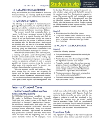 10. DATA PROCESSING OUTPUT
Using the information provided in Problem 9, discuss all
transaction listings and summary reports that would be
necessary for a batch system with real-time input of data.
11. INTERNAL CONTROL
The following is a description of manufacturing com-
pany’s purchasing procedures. All computers in the com-
pany are networked to a centralized accounting system so
that each terminal has full access to a common database.
The inventory control clerk periodically checks in-
ventory levels from a computer terminal to identify
items that need to be ordered. Once the clerk feels in-
ventory is too low, he chooses a supplier and creates a
purchase order from the terminal by adding a record to
the purchase order file. The clerk prints a hard copy of
the purchase order and mails it to the vendor. An elec-
tronic notification is also sent to accounts payable and
receiving, giving the clerks of each department access
to the purchase order from their respective terminals.
When the raw materials arrive at the unloading dock,
a receiving clerk prints a copy of the purchase order
from his terminal and reconciles it to the packing slip.
The clerk then creates a receiving report on a computer
system. An electronic notification is sent to accounts
payable and inventory control, giving the respective
clerks access to the receiving report. The inventory con-
trol clerk then updates the inventory records.
When the accounts payable clerk receives a hard-
copy invoice from the vendor, she reconciles the
invoice with the digital purchase order and receiving
report and prepares a paper cash disbursements voucher.
The cash disbursements voucher and invoice are placed
in the open accounts payable file in a filing cabinet until
the due date. The clerk also updates the accounts pay-
able subsidiary ledger and records the liability amount in
the purchase journal from the department computer ter-
minal. The accounts payable clerk periodically reviews
the cash disbursement file for items due and, when they
are identified, prepares a check for the amount due.
Finally, using the department terminal, the clerk removes
the liability from the accounts payable subsidiary file and
posts the disbursement to the cash account.
Required
a. Create a system flowchart of the system.
b. Analyze the internal control weaknesses in the sys-
tem. Model your response according to the six cate-
gories of physical control activities specified in
SAS 78/COSO.
12. ACCOUNTING DOCUMENTS
Required
Answer the following questions.
a. Which department is responsible for initiating the
purchase of materials?
b. What is the name of the document generated by
the department identified in (a) above?
c. Typically, multiple copies of a purchase order are
prepared. One copy should go to the vendor, and
one is retained in the purchasing department. To
achieve proper control, which other departments
should receive copies of the purchase order?
d. What documents does the accounts payable clerk
review before setting up a liability?
e. Which document transfers responsibility for goods
sold to a common carrier?
Internal Control Cases
1. Smith’s Market (Small Business Cash
Sales Accounting System)
In 1989 Robert Smith opened a small fruit and vegeta-
ble market in Bethlehem, Pennsylvania. Originally
Smith sold only produce grown on his family farm
and orchard. As the market’s popularity grew, however,
he added bread, canned goods, fresh meats, and a lim-
ited supply of frozen goods. Today Smith’s Market is a
full-range farmers’ market with a strong local customer
base. Indeed, the market’s reputation for low prices and
high quality draws customers from other Pennsylvania
cities and even from the neighboring state of New
Jersey. Currently Smith’s has 40 employees. These
include sales staff, shelf stockers, farm laborers, shift
supervisors, and clerical staff. Recently Smith has
noticed a decline in profits and sales, while his pur-
chases of products for resale have continued to rise.
Although the company does not prepare audited
financial statements, Robert Smith has commissioned
your public accounting firm to assess his company’s
sales procedures and internal controls. Smith’s Market
expenditure cycle procedures are described below:
Expenditure Cycle
The expenditure cycle begins in the warehouse adjacent
to the market where Smith’s keeps their inventory of
C H A P T E R 5 The Expenditure Cycle Part I: Purchases and Cash Disbursements Procedures 249
 