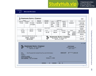 F I G U R E
6-7 EMPLOYEE PAYCHECK
5001
HAMPSHIRE SUPPLY COMPANY
HOURS
REGULAR OVERTIME
F.I.C.A. FED. W/H
PERIOD ENDING
GROSS
RATE
RATE
UNITS AMOUNT
OTHER PAY
REGULAR
EARNINGS
OVERTIME
EARNINGS
TOTAL GROSS
STATE W/H
DEDUCTIONS
EMPLOYEE'S NAME AND SOC. SEC. NO.
TOTAL DEDUCTIONS
NET PAY
CONTROL
NUMBER
HAMPSHIRE SUPPLY COMPANY
406 LAKE AVE. PH. 323-555-7448
SEATTLE, CA 92801
PAY: One Thousand Six Hundred Forty-Four and 43/100 dollars
TO THE
ORDER OF
00000 0 00000 00 0
DATE
AMOUNT $*******1,644.43
JESSICA JONES
72 N. LOTUS AVE #1
SAN GABRIEL CA 91775-8321 October 31, 2009
No. 5001
STATE BANK
4000 PENNSYLVANIA AVE.
UMA CA 98210
173.33
YEAR TO DATE
F.I.C.A. FED. W/H STATE W/H OTHER
10/31/09
2,599.95
00.00
00.00
00.00
45.00
15.00
15.00
Holiday
Sick
Vacat.
$00.00
$2,599.95
R 15/Hr
OT 30/Hr
2,599.95
955.52
1,644.43
682-63-0897
161.20 256.24 116.98
161.20 256.24 116.98 SDI
HI
SAV
23.40
100.00
260.00
JONES, JESSICA
682-63-0897
HAMPSHIRE SUPPLY COMPANY
406 LAKE AVE. PH. 323-555-7448
SEATTLE, CA 92801
H
S
C
H
S
C
H
S
C
37.70
00.00
C
H
A
P
T
E
R
6
The
Expenditure
Cycle
Part
II:
Payroll
Processing
and
Fixed
Asset
Procedures
273
 
